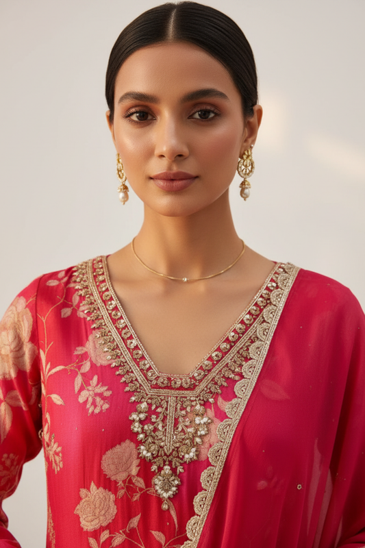 Coral Crepe Readymade Sharara Set With Chiffon Dupatta