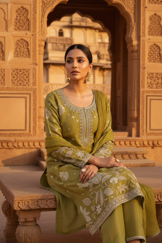 Pista Chinon Readymade Suit And Palazzo With Chinon Dupatta