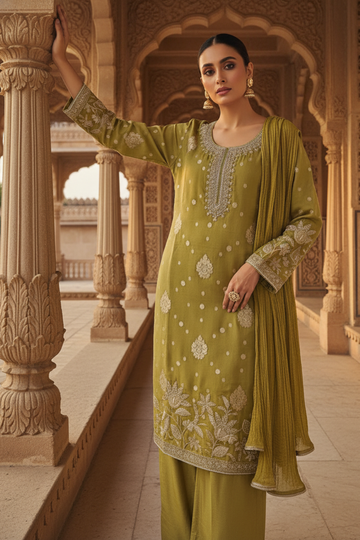 Pista Chinon Readymade Suit And Palazzo With Chinon Dupatta