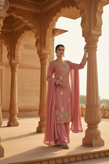 Gajari Chinon Readymade Suit And Palazzo With Chinon Dupatta