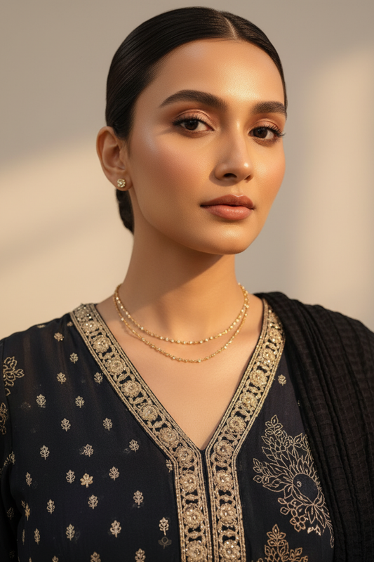 Black Chinon Floor Length Readymade Suit And Pant With Chinon Dupatta