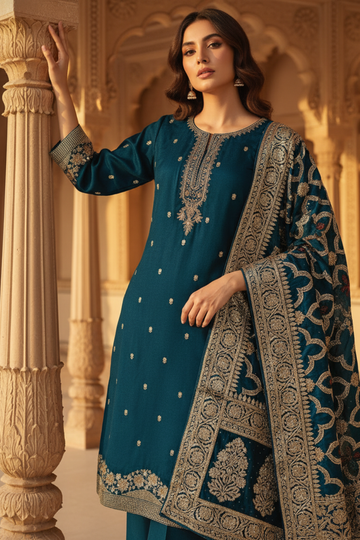 Peacock Shimmer Readymade Suit And Pant With Organza Dupatta