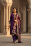 Purple Shimmer Readymade Suit And Pant With Organza Dupatta