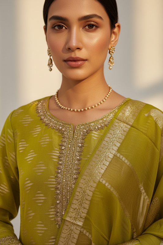 Parrot Shimmer Readymade Suit And Palazzo With Organza Dupatta