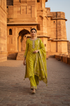 Parrot Shimmer Readymade Suit And Palazzo With Organza Dupatta