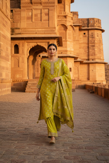 Parrot Shimmer Readymade Suit And Palazzo With Organza Dupatta