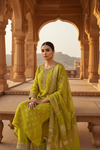 Parrot Shimmer Readymade Suit And Palazzo With Organza Dupatta