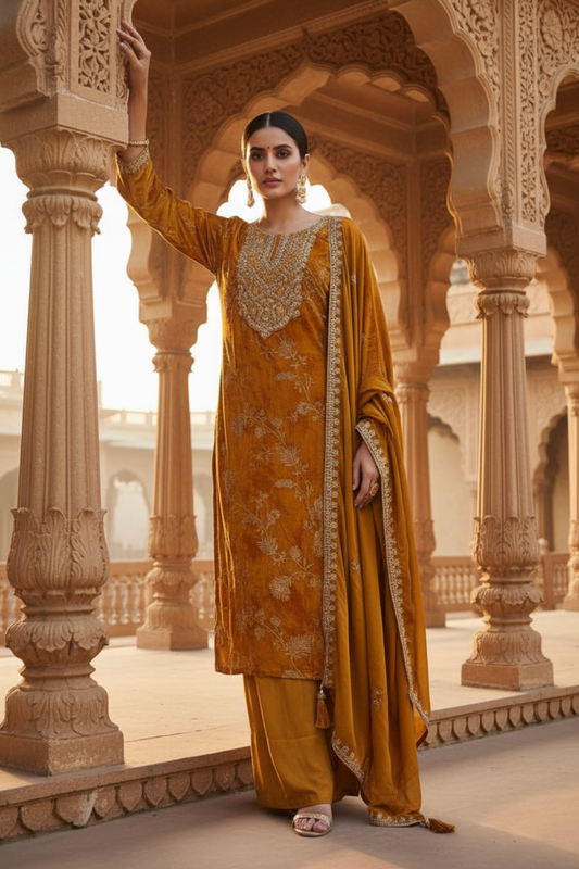 Sunshine Charm Mustard Chinon Readymade Suit And Pant With Chinon Dupatta
