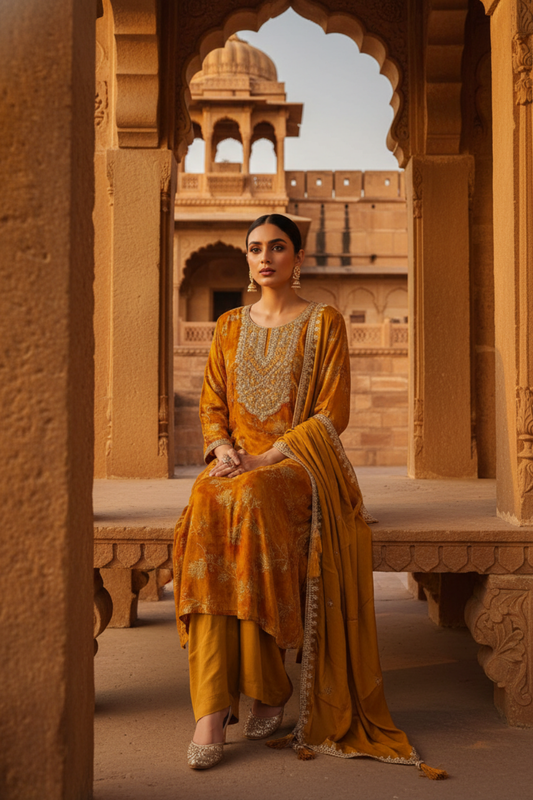 Sunshine Charm Mustard Chinon Readymade Suit And Pant With Chinon Dupatta