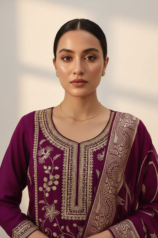 Magenta Satin Readymade Sharara Set With Organza Dupatta