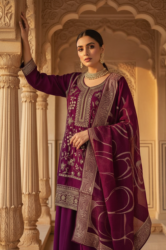 Magenta Satin Readymade Sharara Set With Organza Dupatta