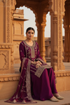 Magenta Satin Readymade Sharara Set With Organza Dupatta
