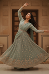Sea Green Tissue Floor Length Readymade Suit And Pant With Chinon Dupatta