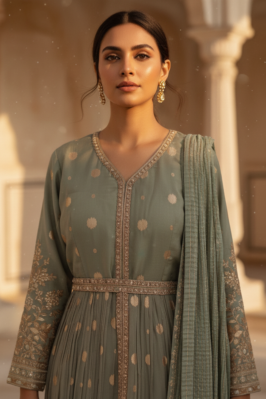 Sea Green Tissue Floor Length Readymade Suit And Pant With Chinon Dupatta