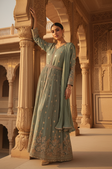 Sea Green Tissue Floor Length Readymade Suit And Pant With Chinon Dupatta