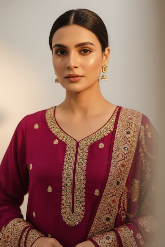 Garnet Organza Readymade Suit And Pant With Organza Dupatta