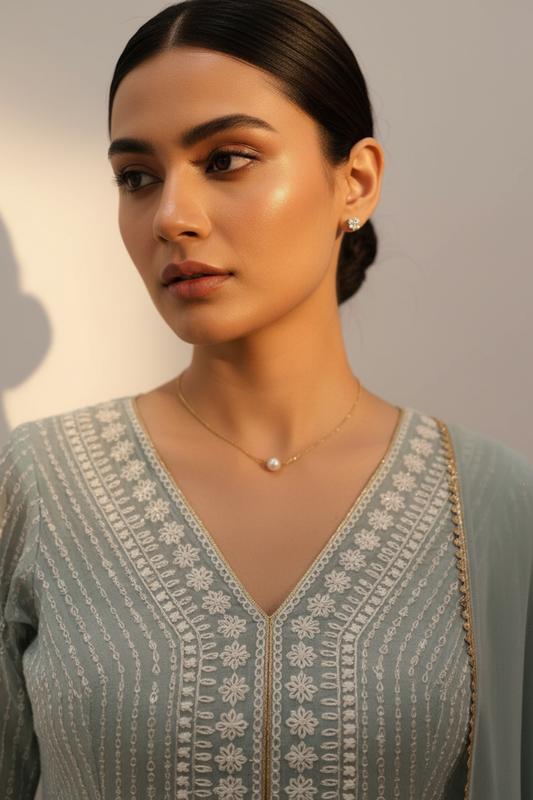 Sea Green Georgette Floor Length Readymade Suit And Pant With Georgette Dupatta