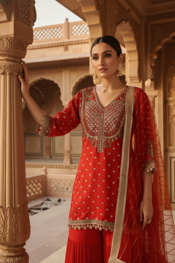 Rust Dolna Readymade Sharara Set With Net Dupatta