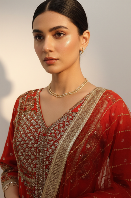 Rust Dolna Readymade Sharara Set With Net Dupatta