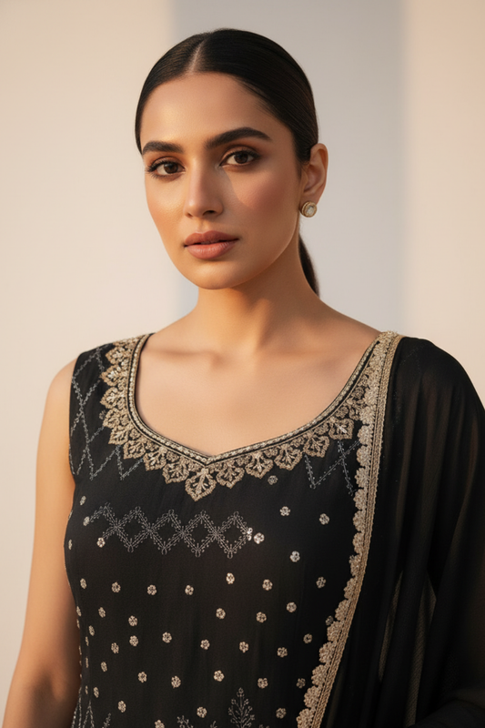 Black Crepe Readymade Sharara Set With Chiffon Dupatta