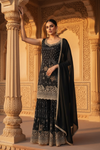 Black Crepe Readymade Sharara Set With Chiffon Dupatta