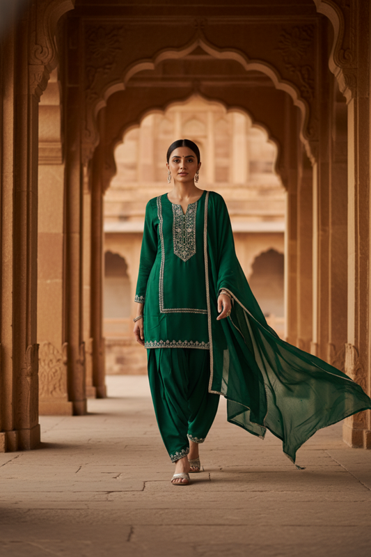 Bottle Green Dola Readymade Suit And Palazzo With Chinon Dupatta