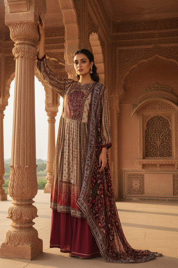 Tussar Muslin Readymade Suit And Palazzo With Chinon Dupatta