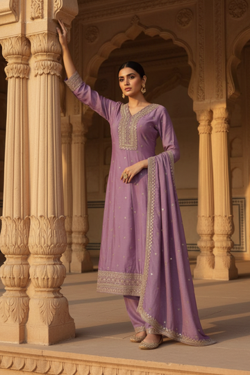 Mauve Cotton Readymade Suit And Pant With Cotton Dupatta