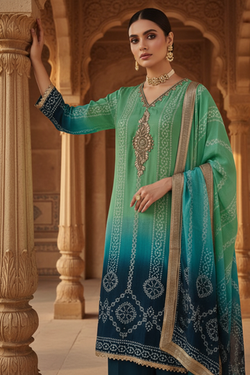 Tea Green Crepe Readymade Suit And Palazzo With Crepe Dupatta