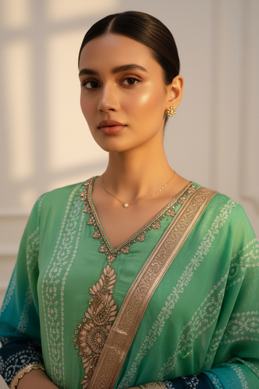 Tea Green Crepe Readymade Suit And Palazzo With Crepe Dupatta