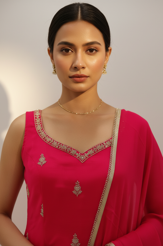 Coral Crepe Readymade Sharara Set With Chinon Dupatta