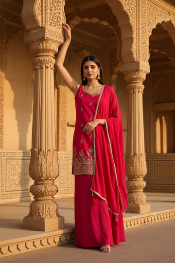 Coral Crepe Readymade Sharara Set With Chinon Dupatta