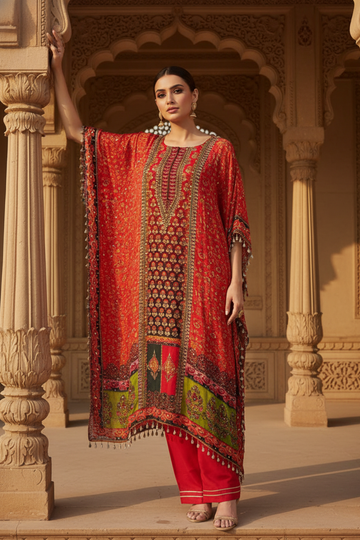 Coral Crepe Readymade Suit And Pant With Chiffon Dupatta