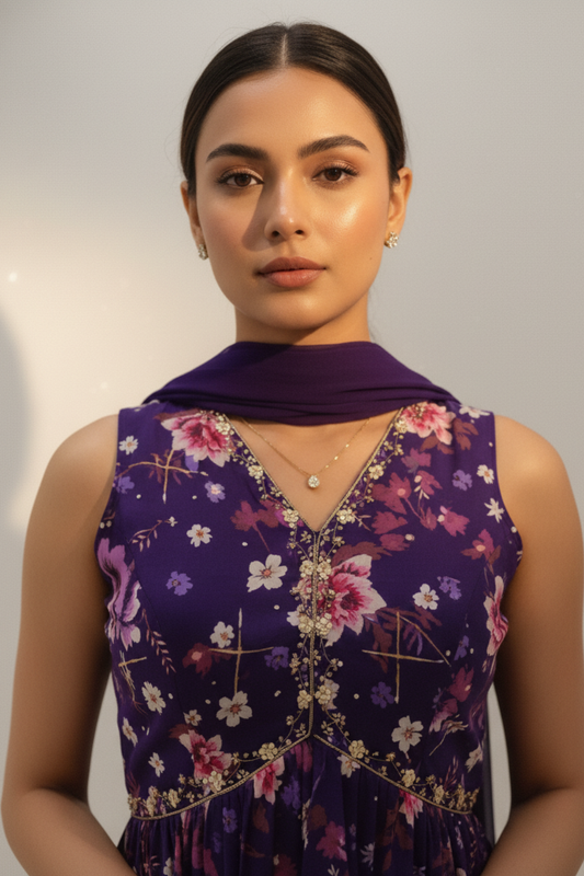 Purple Georgette Readymade Sharara Set With Georgette Dupatta