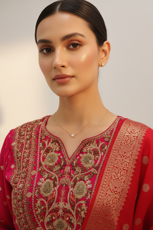 Red Rani Dolna Readymade Sharara Set With Organza Dupatta