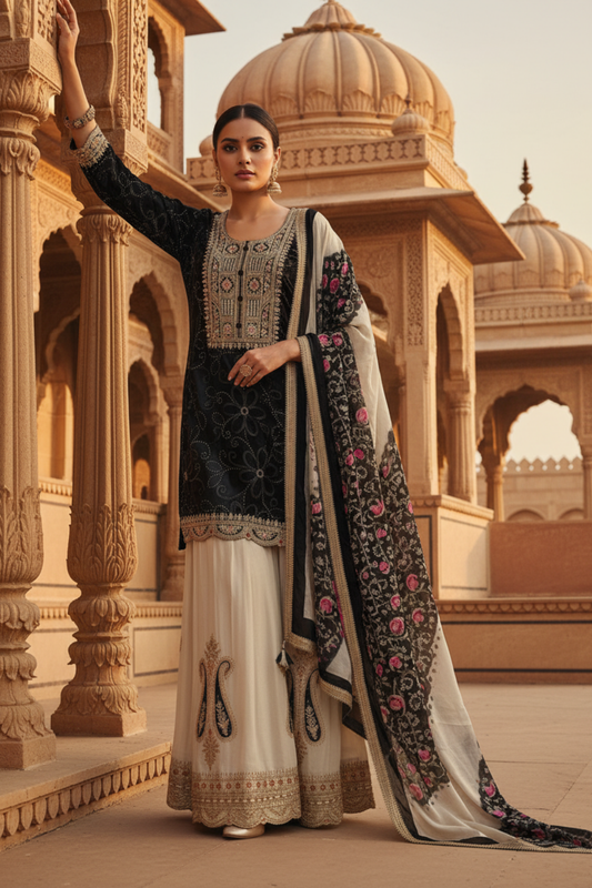 Black Georgette Readymade Sharara Set With Georgette Dupatta