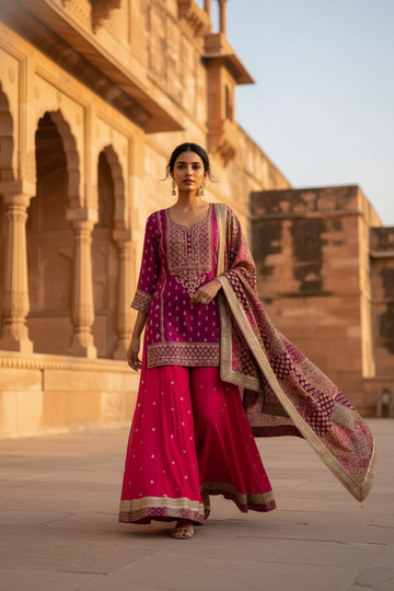 Magenta Banarasi Silk Readymade Sharara Set With Chinon Dupatta