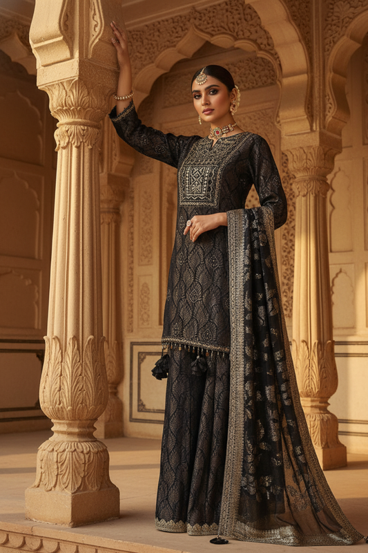Navy Blue Tissue Silk Readymade Sharara Set With Tissue Dupatta