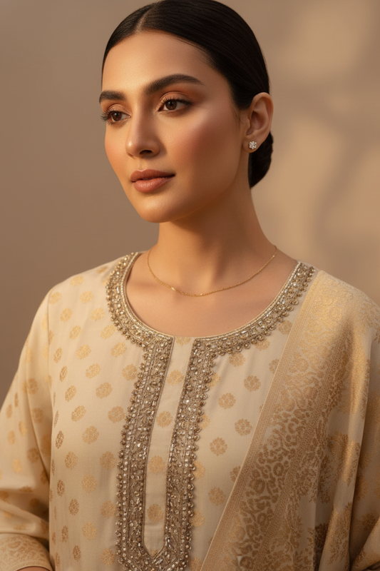 Off White Georgette Readymade Suit And Palazzo With Georgette Dupatta