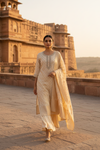 Off White Georgette Readymade Suit And Palazzo With Georgette Dupatta