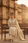 Off White Georgette Readymade Suit And Palazzo With Georgette Dupatta