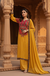 Mustard Crepe Readymade Suit And Pant With Chinon Dupatta