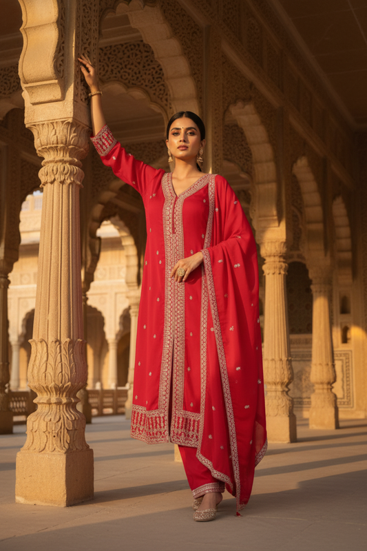 Red Cotton Readymade Suit And Pant With Cotton Dupatta