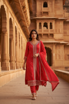 Red Cotton Readymade Suit And Pant With Cotton Dupatta