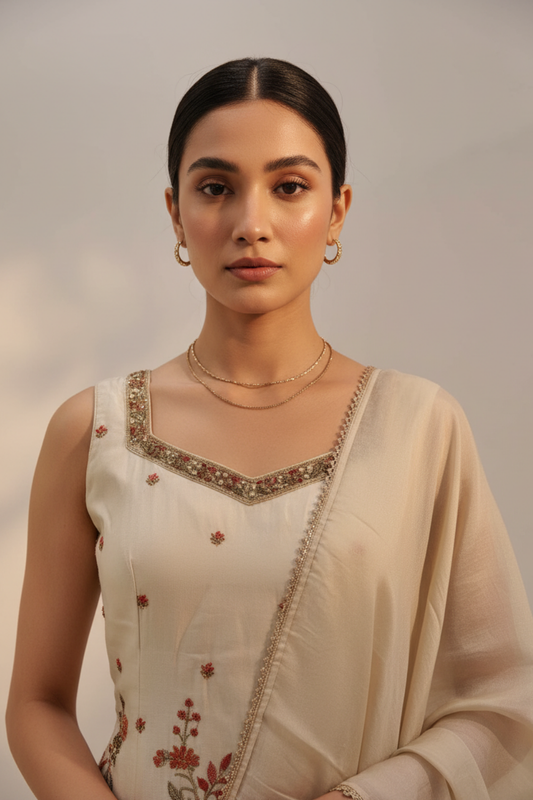 Cream Tissue Readymade Sharara Set With Tissue Dupatta