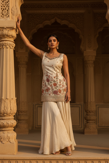 Cream Tissue Readymade Sharara Set With Tissue Dupatta