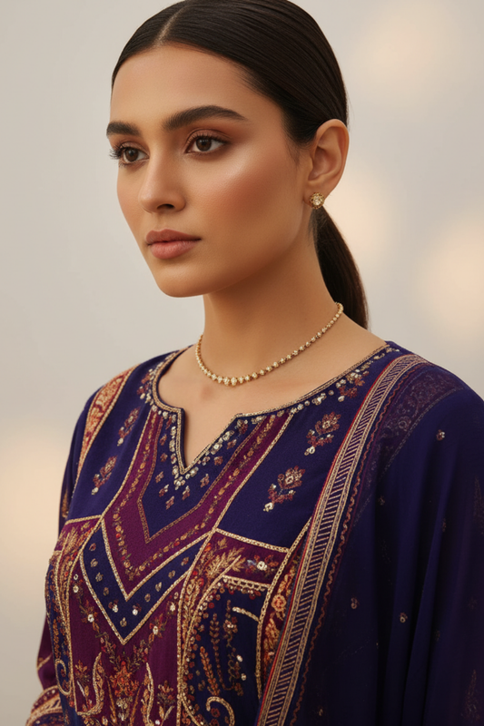 Wine Crepe Readymade Suit And Pant With Chinon Dupatta