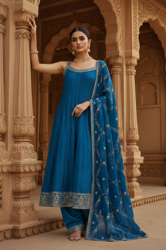 Dark Firozi Chinon Readymade Suit And Pant With Cotton Dupatta