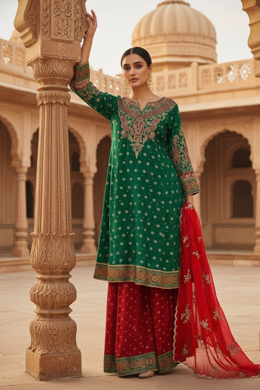 Bottle Green Georgette Readymade Sharara Set With Georgette Dupatta