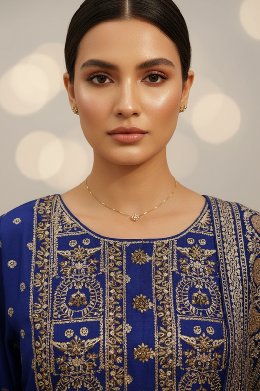 Royal Blue Dolna Readymade Suit And Palazzo With Banarasi Silk Dupatta